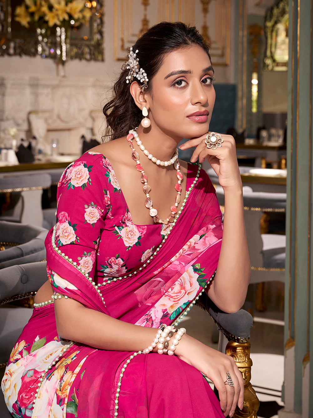 Pink Georgette Printed Saree with Pearl Lace Border  Lightweight Ethnic Saree for Festive & Casual Wear