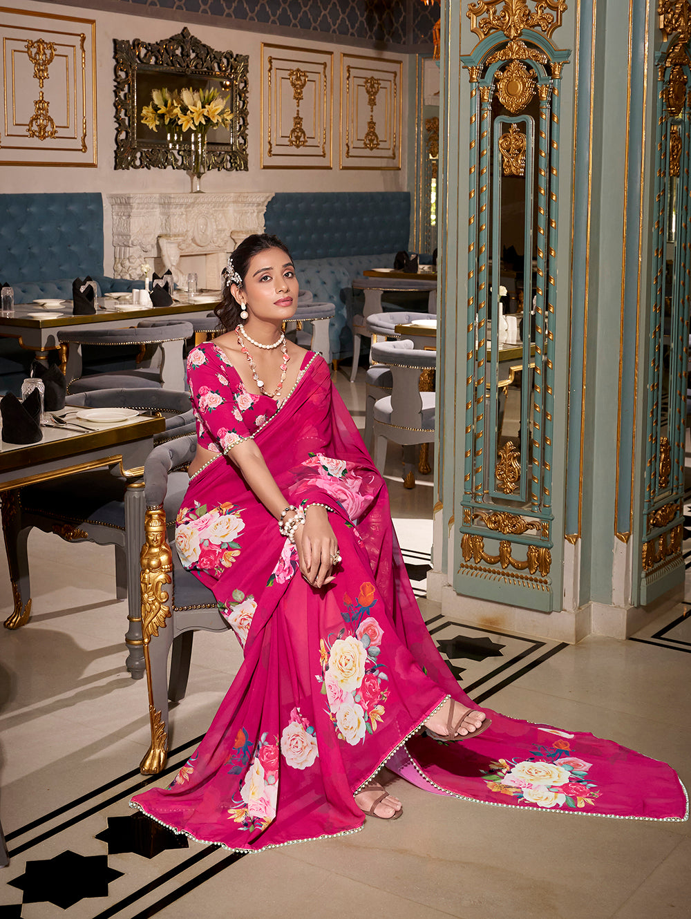 Pink Georgette Printed Saree with Pearl Lace Border  Lightweight Ethnic Saree for Festive & Casual Wear