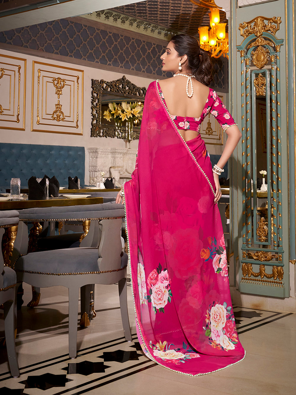 Pink Georgette Printed Saree with Pearl Lace Border  Lightweight Ethnic Saree for Festive & Casual Wear