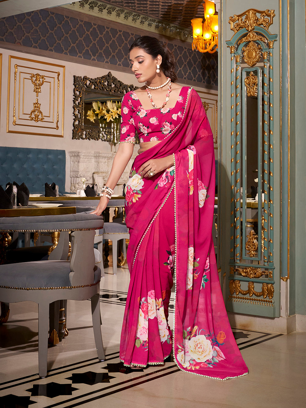 Pink Georgette Printed Saree with Pearl Lace Border  Lightweight Ethnic Saree for Festive & Casual Wear