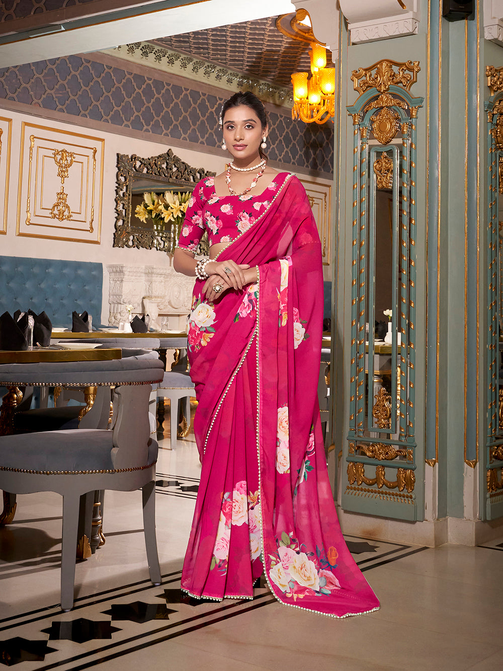 Pink Georgette Printed Saree with Pearl Lace Border  Lightweight Ethnic Saree for Festive & Casual Wear