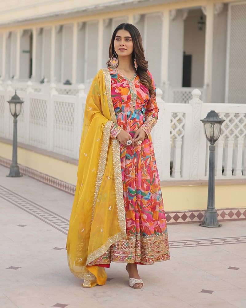 Hues of Elegance: Handcrafted Floral Alia Cut Gown with Dupatta
