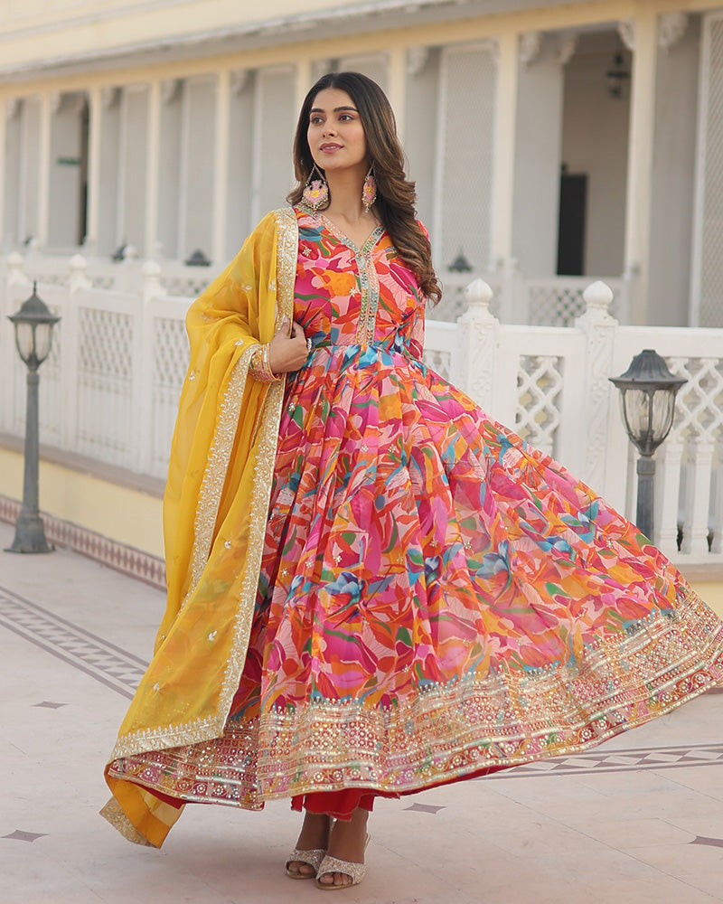 Hues of Elegance: Handcrafted Floral Alia Cut Gown with Dupatta