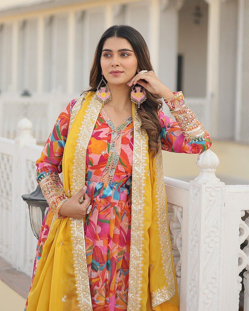 Hues of Elegance: Handcrafted Floral Alia Cut Gown with Dupatta