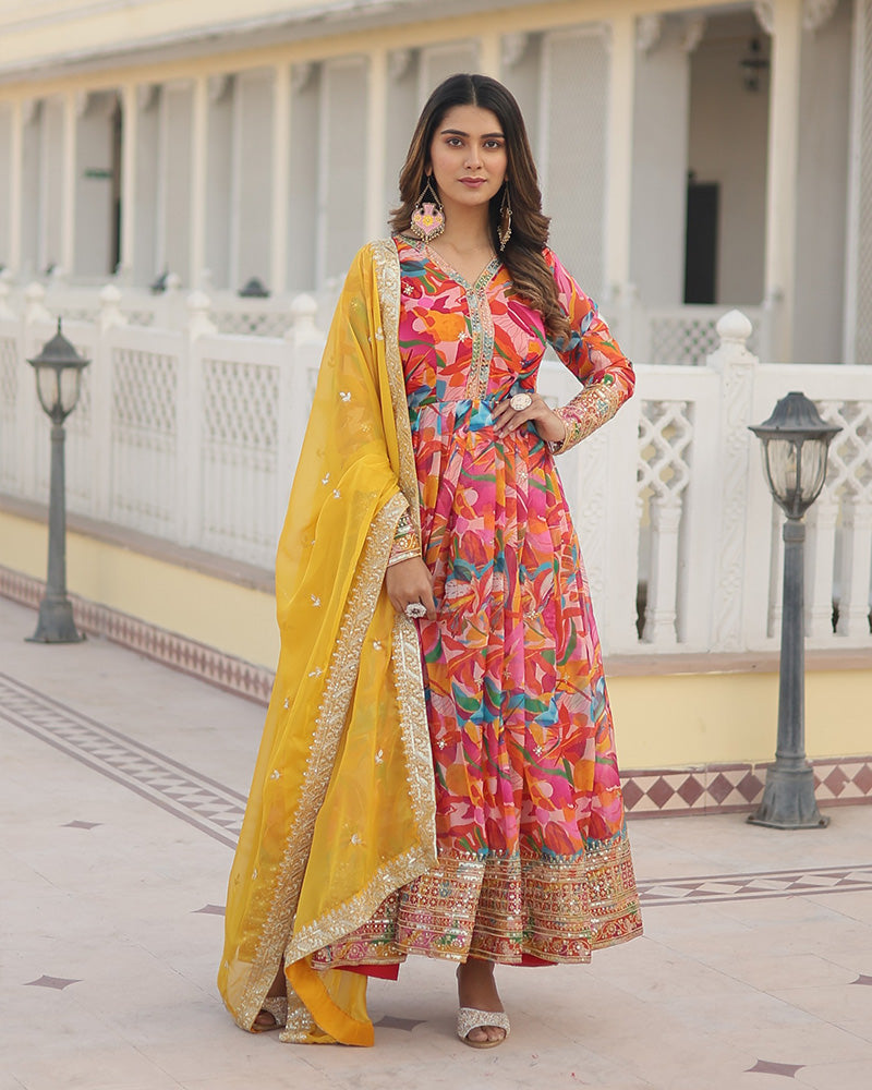 Hues of Elegance: Handcrafted Floral Alia Cut Gown with Dupatta
