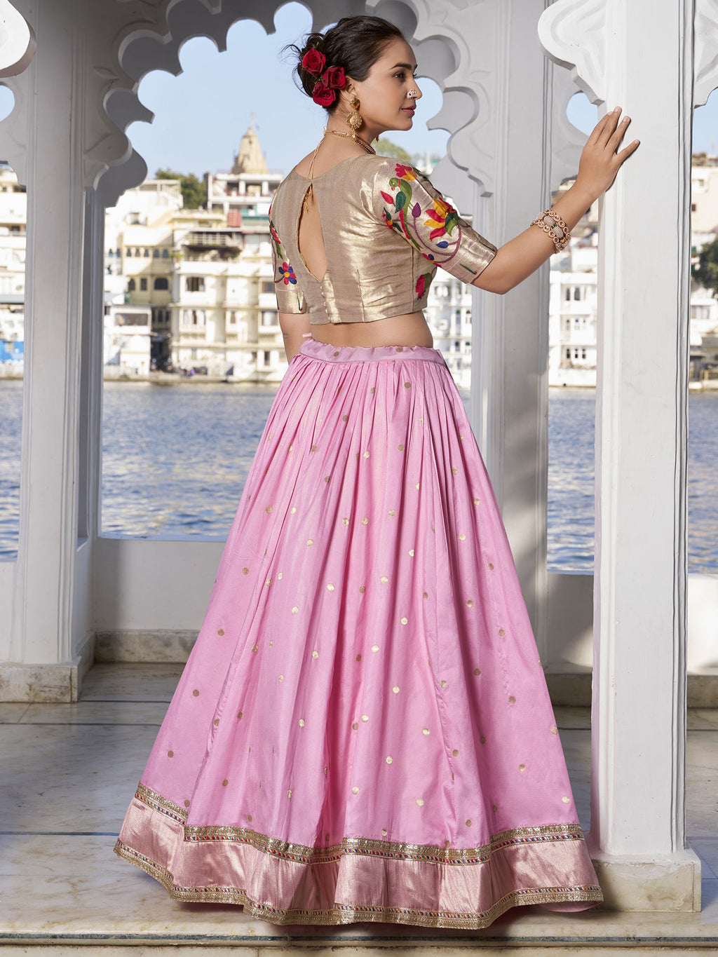 Pink Jacquard Silk Paithani Lehenga Choli set with zari weaving, lace detailing, tassel dupatta, and matching batwa – traditional Maharashtrian festive wear