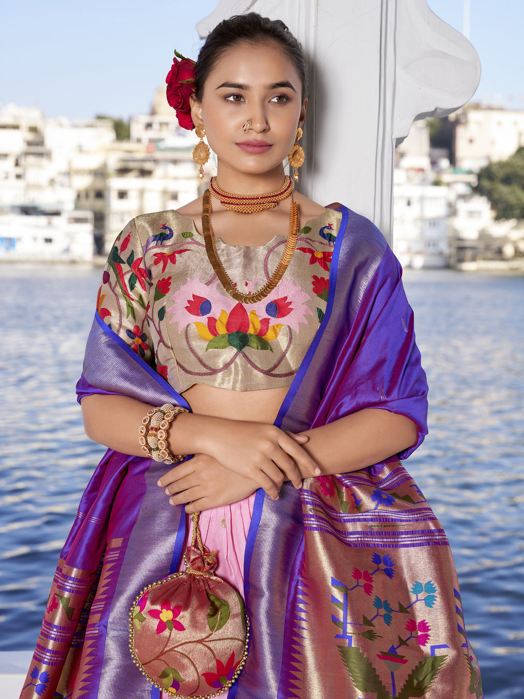 Pink Jacquard Silk Paithani Lehenga Choli set with zari weaving, lace detailing, tassel dupatta, and matching batwa – traditional Maharashtrian festive wear