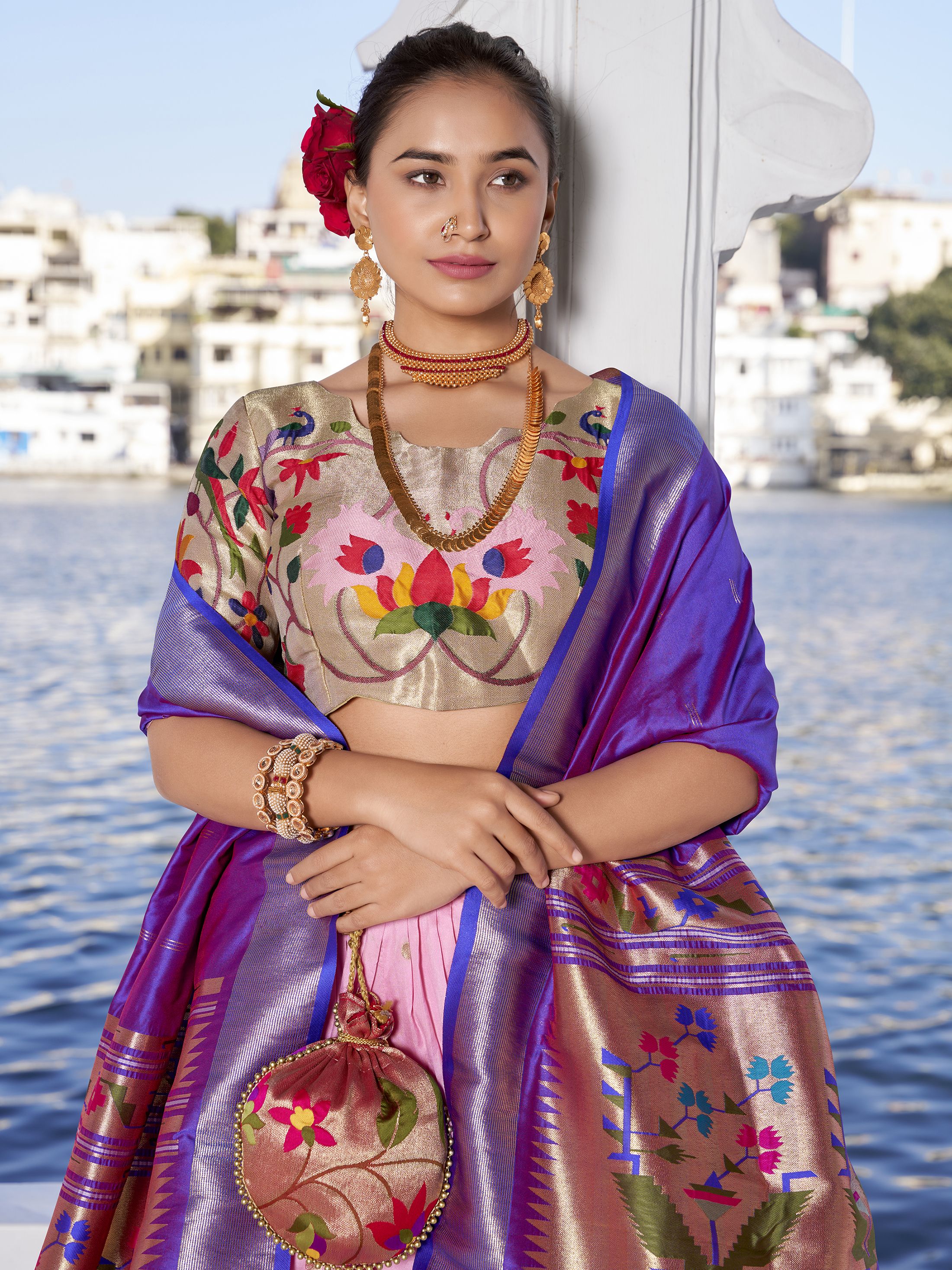 Pink Jacquard Silk Paithani Lehenga Choli set with zari weaving, lace detailing, tassel dupatta, and matching batwa – traditional Maharashtrian festive wear