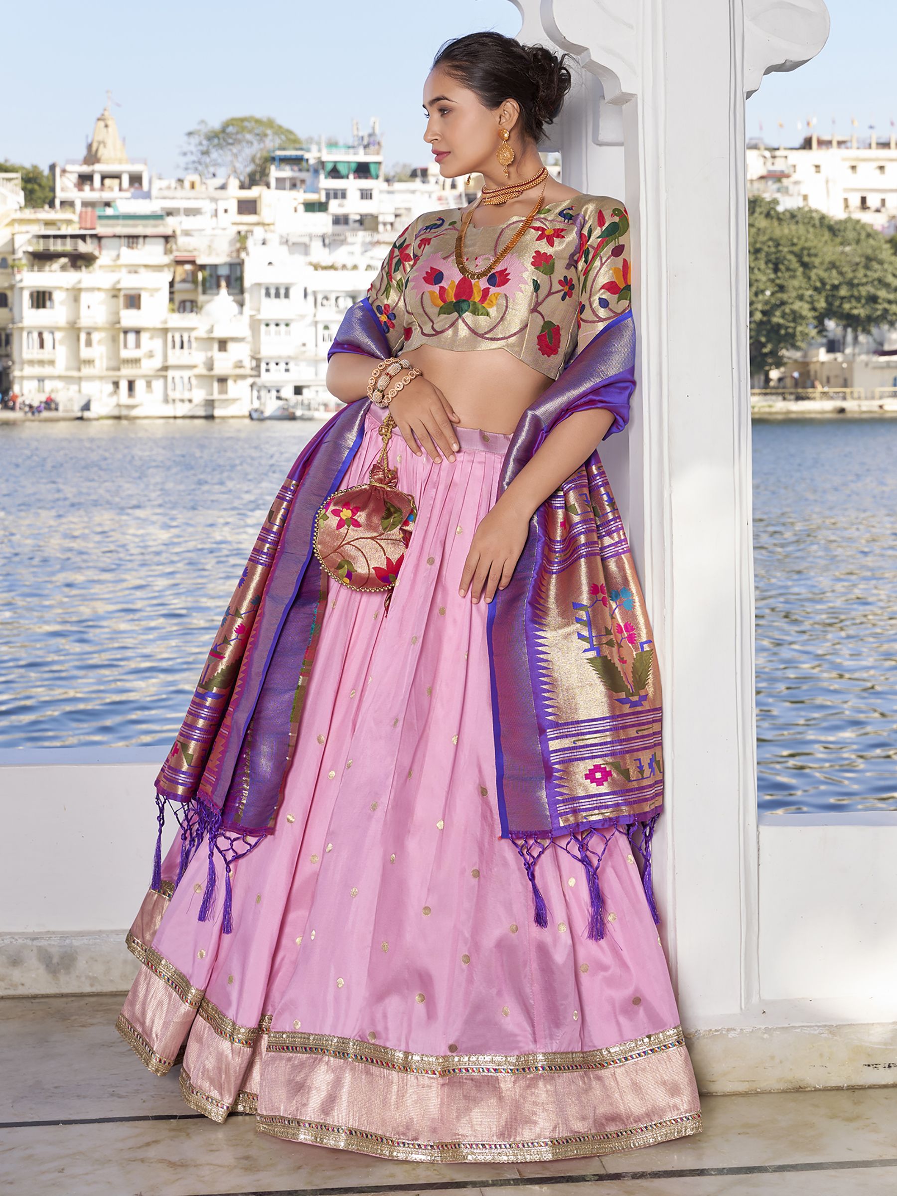 Pink Jacquard Silk Paithani Lehenga Choli set with zari weaving, lace detailing, tassel dupatta, and matching batwa – traditional Maharashtrian festive wear