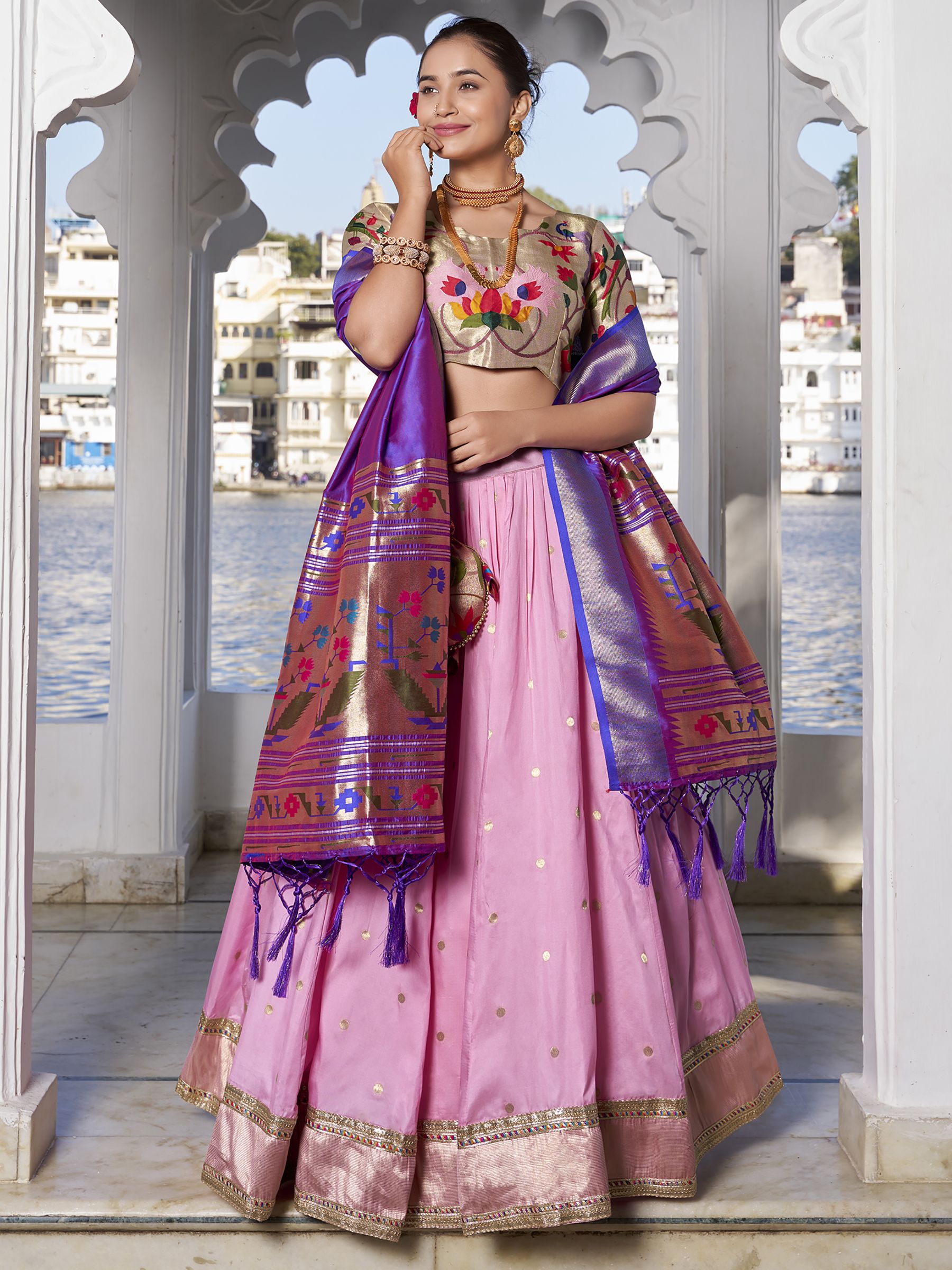 Pink Jacquard Silk Paithani Lehenga Choli set with zari weaving, lace detailing, tassel dupatta, and matching batwa – traditional Maharashtrian festive wear