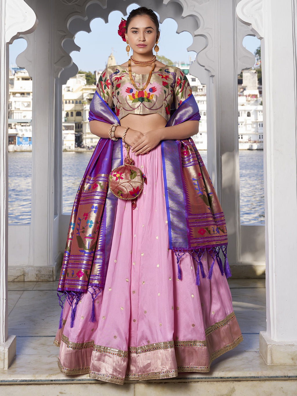 Pink Jacquard Silk Paithani Lehenga Choli set with zari weaving, lace detailing, tassel dupatta, and matching batwa – traditional Maharashtrian festive wear