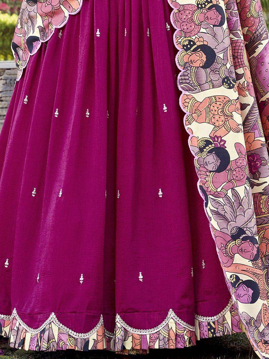 Pink Vichitra silk lehenga choli set with heavy sequin and thread embroidery, Kalamkari printed dupatta, and 4-meter flair – a vibrant and elegant outfit for weddings and festive occasions
