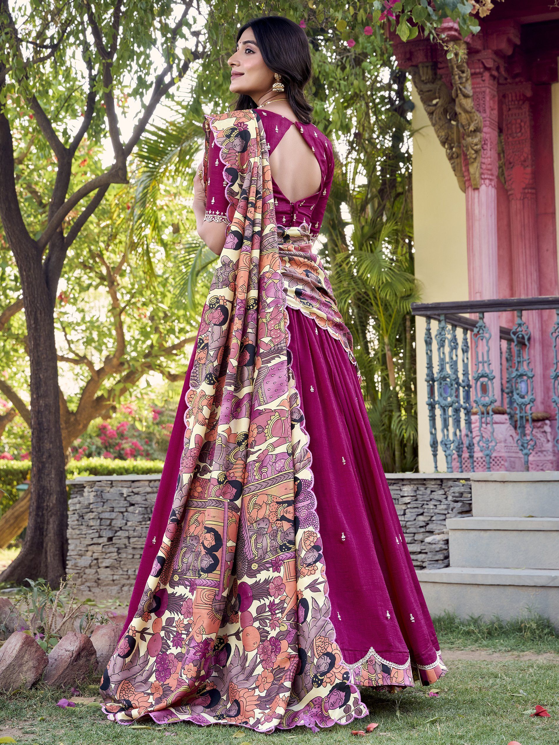 Pink Vichitra silk lehenga choli set with heavy sequin and thread embroidery, Kalamkari printed dupatta, and 4-meter flair – a vibrant and elegant outfit for weddings and festive occasions