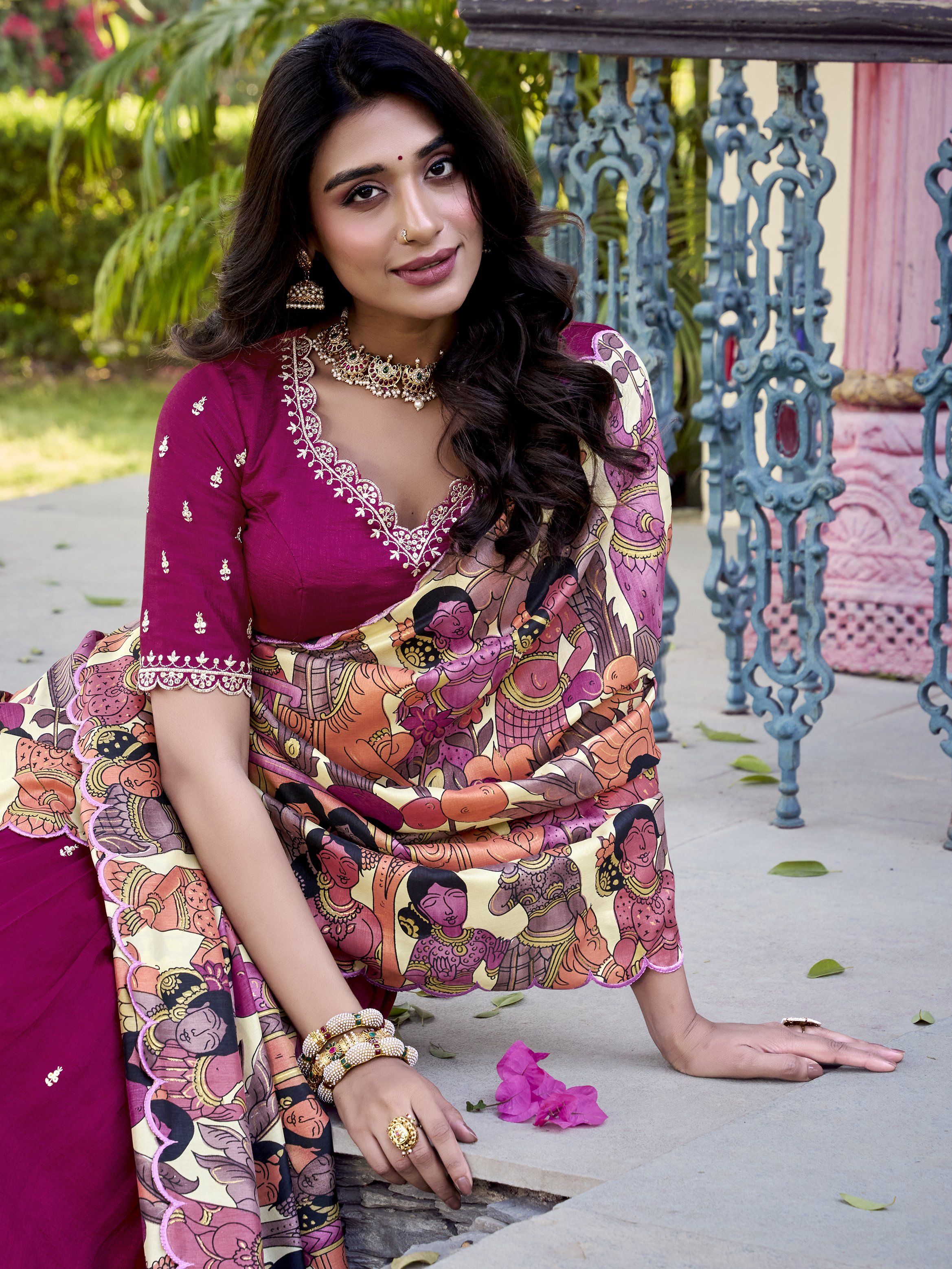 Pink Vichitra silk lehenga choli set with heavy sequin and thread embroidery, Kalamkari printed dupatta, and 4-meter flair – a vibrant and elegant outfit for weddings and festive occasions