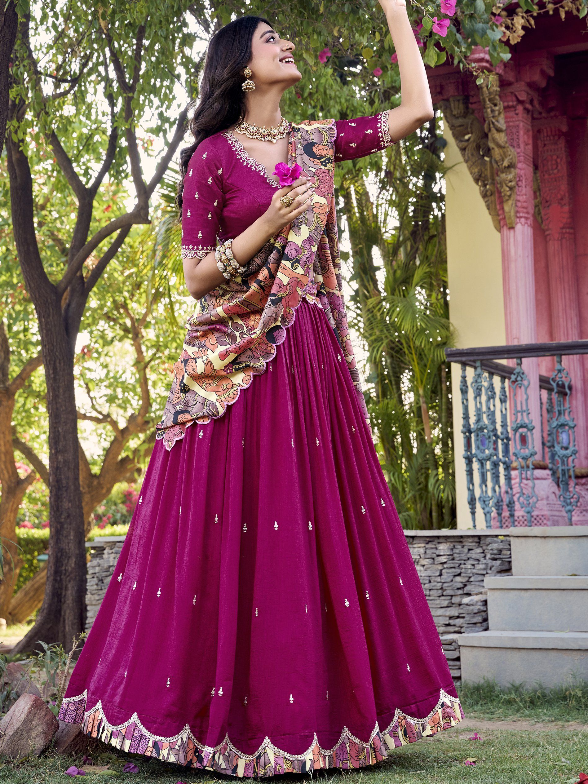 Pink Vichitra silk lehenga choli set with heavy sequin and thread embroidery, Kalamkari printed dupatta, and 4-meter flair – a vibrant and elegant outfit for weddings and festive occasions