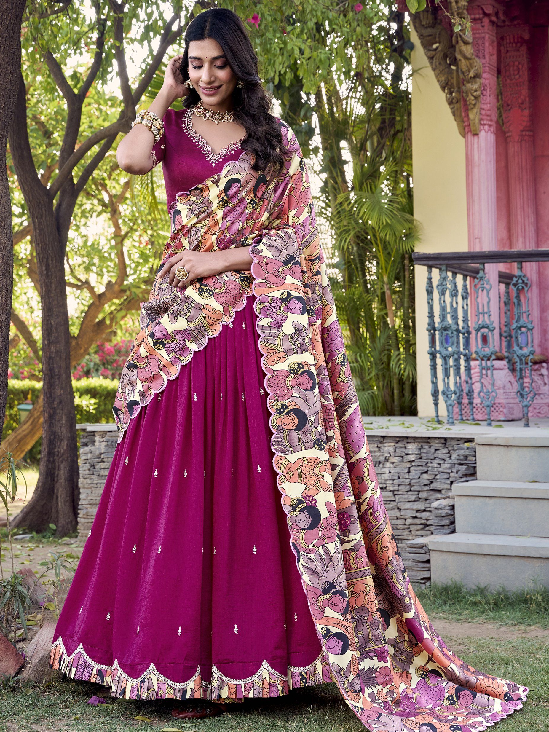 Pink Vichitra silk lehenga choli set with heavy sequin and thread embroidery, Kalamkari printed dupatta, and 4-meter flair – a vibrant and elegant outfit for weddings and festive occasions