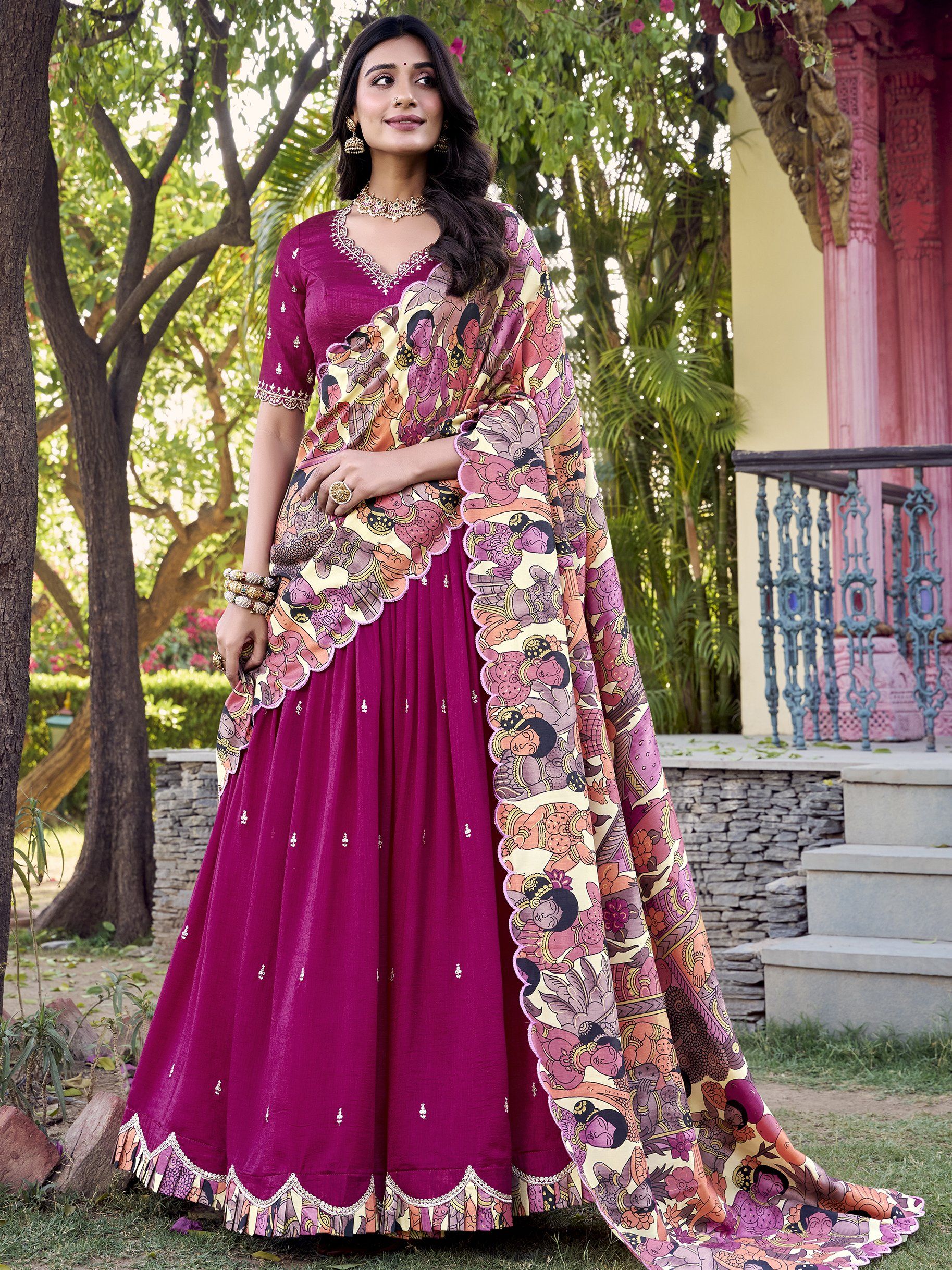 Pink Vichitra silk lehenga choli set with heavy sequin and thread embroidery, Kalamkari printed dupatta, and 4-meter flair – a vibrant and elegant outfit for weddings and festive occasions