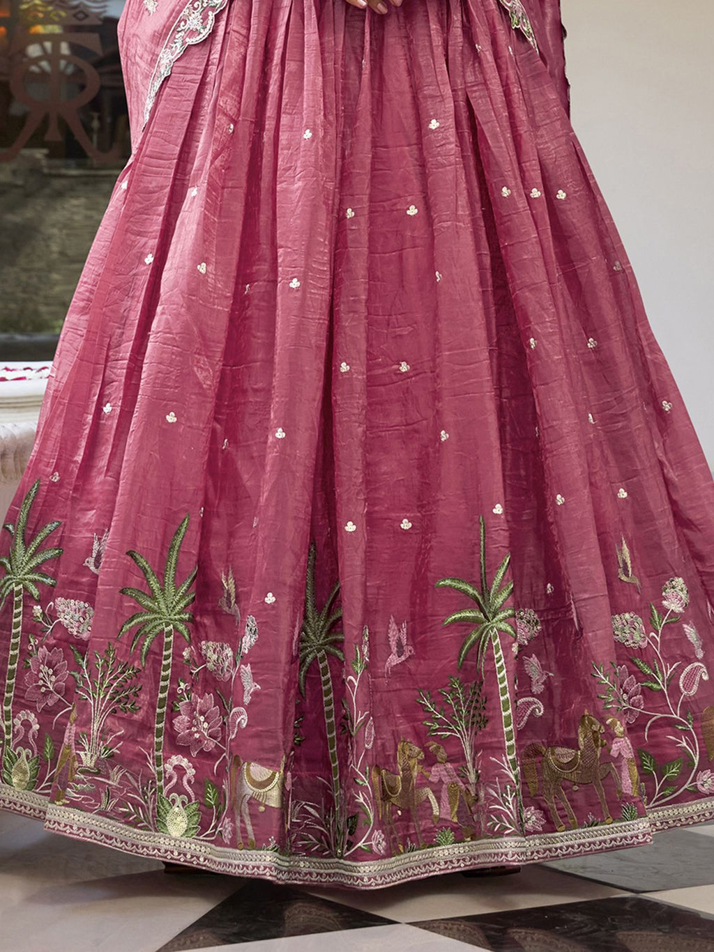 Pink gold crush sequins thread embroidery work lehenga choli