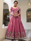 Pink gold crush sequins thread embroidery work lehenga choli