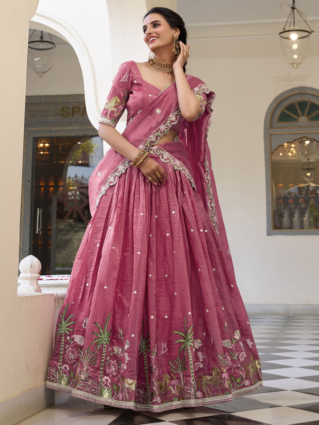 Pink gold crush sequins thread embroidery work lehenga choli
