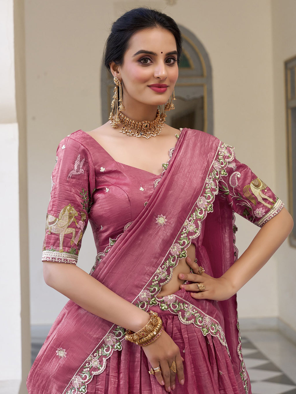Pink gold crush sequins thread embroidery work lehenga choli