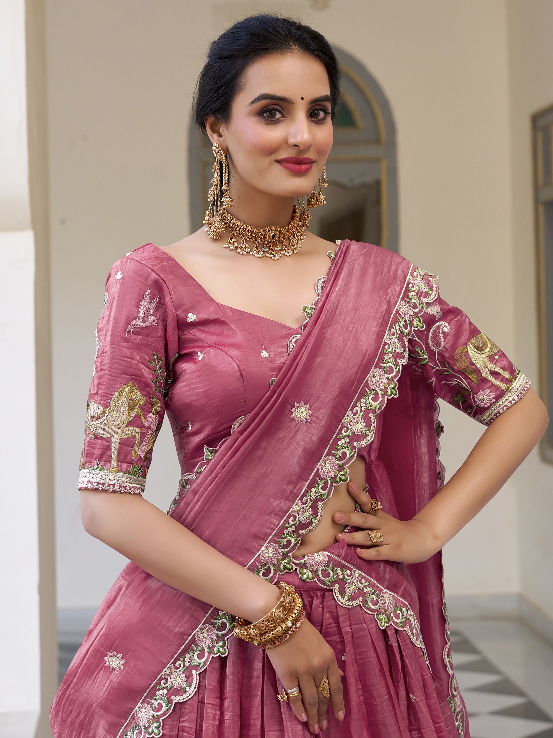 Pink gold crush sequins thread embroidery work lehenga choli