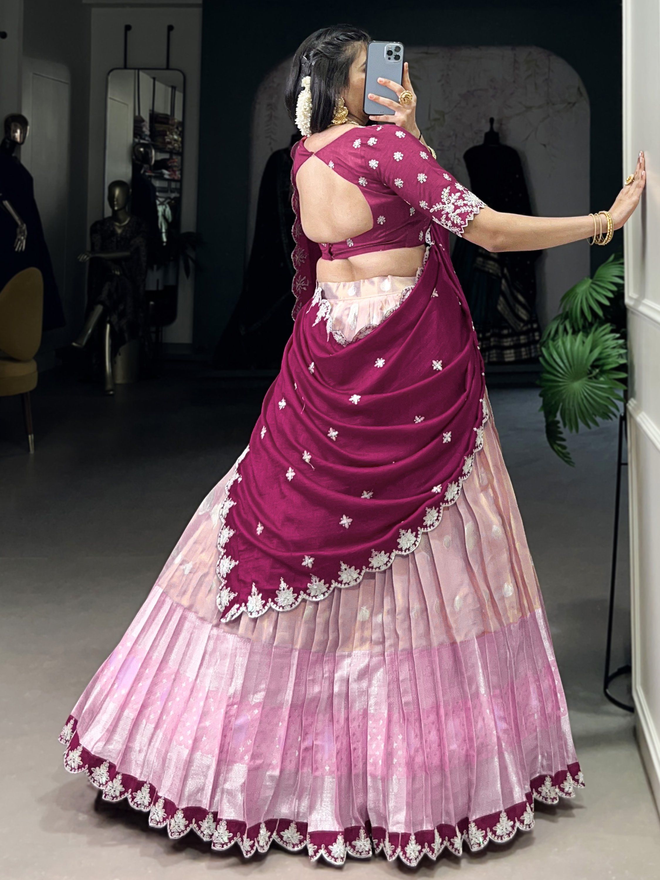 Pink Zari Kota Lehenga with Zari Weaving Embroidered Vichitra Silk Dupatta