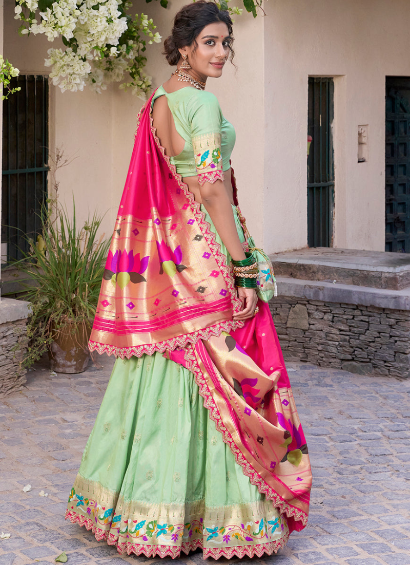 Pisa Green Jacquard Silk Paithani Lehenga Choli with Dupatta & Batwa
