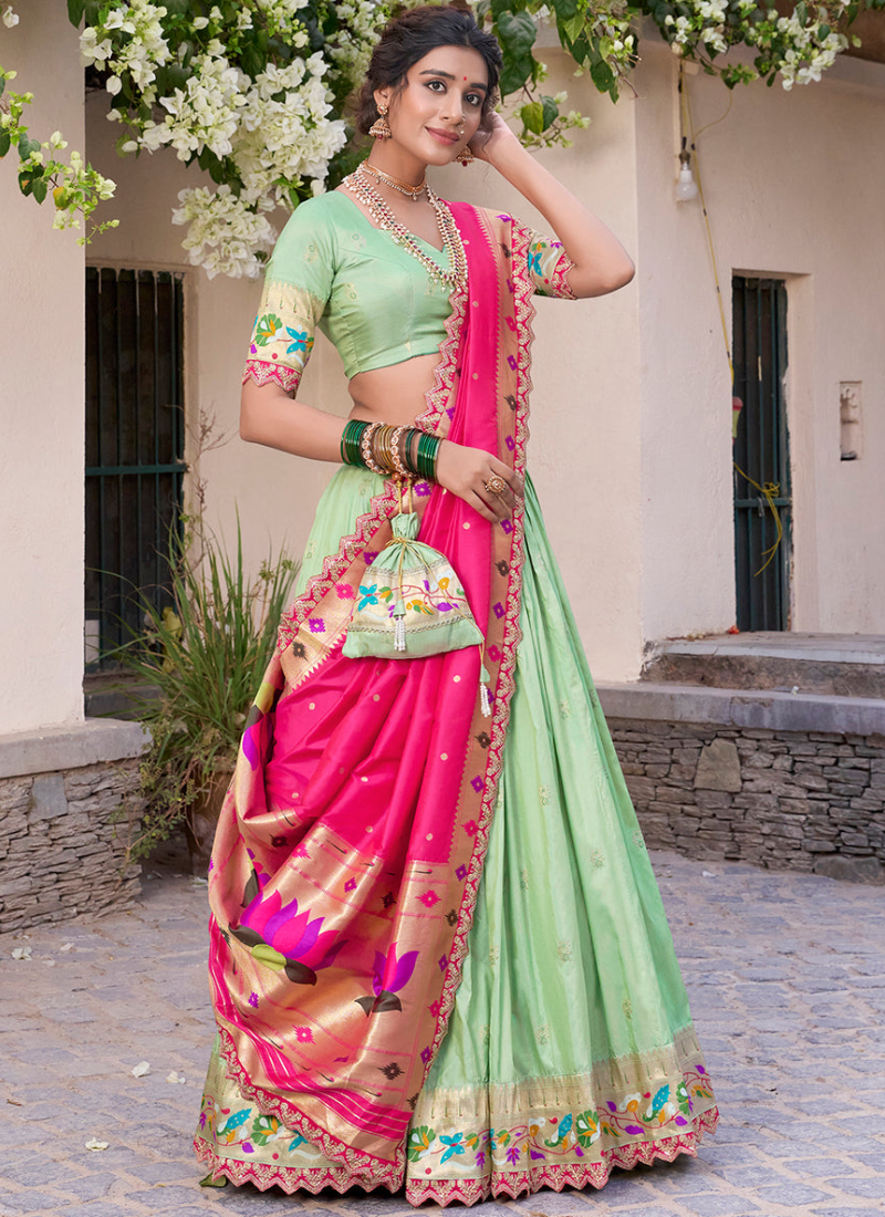 Pisa Green Jacquard Silk Paithani Lehenga Choli with Dupatta & Batwa