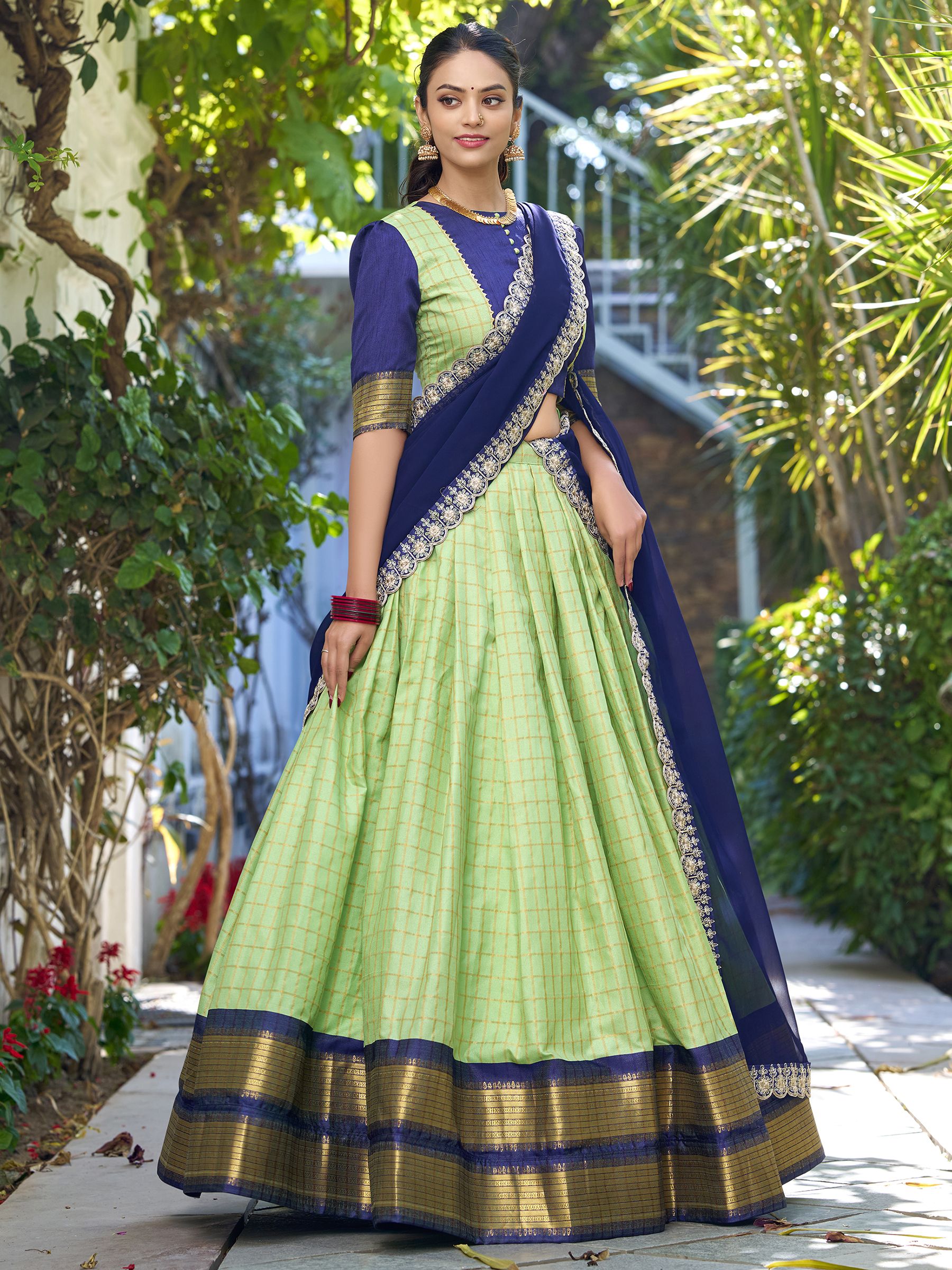 Pista Green Zari Chex Lehenga Choli with Georgette Sequins Dupatta