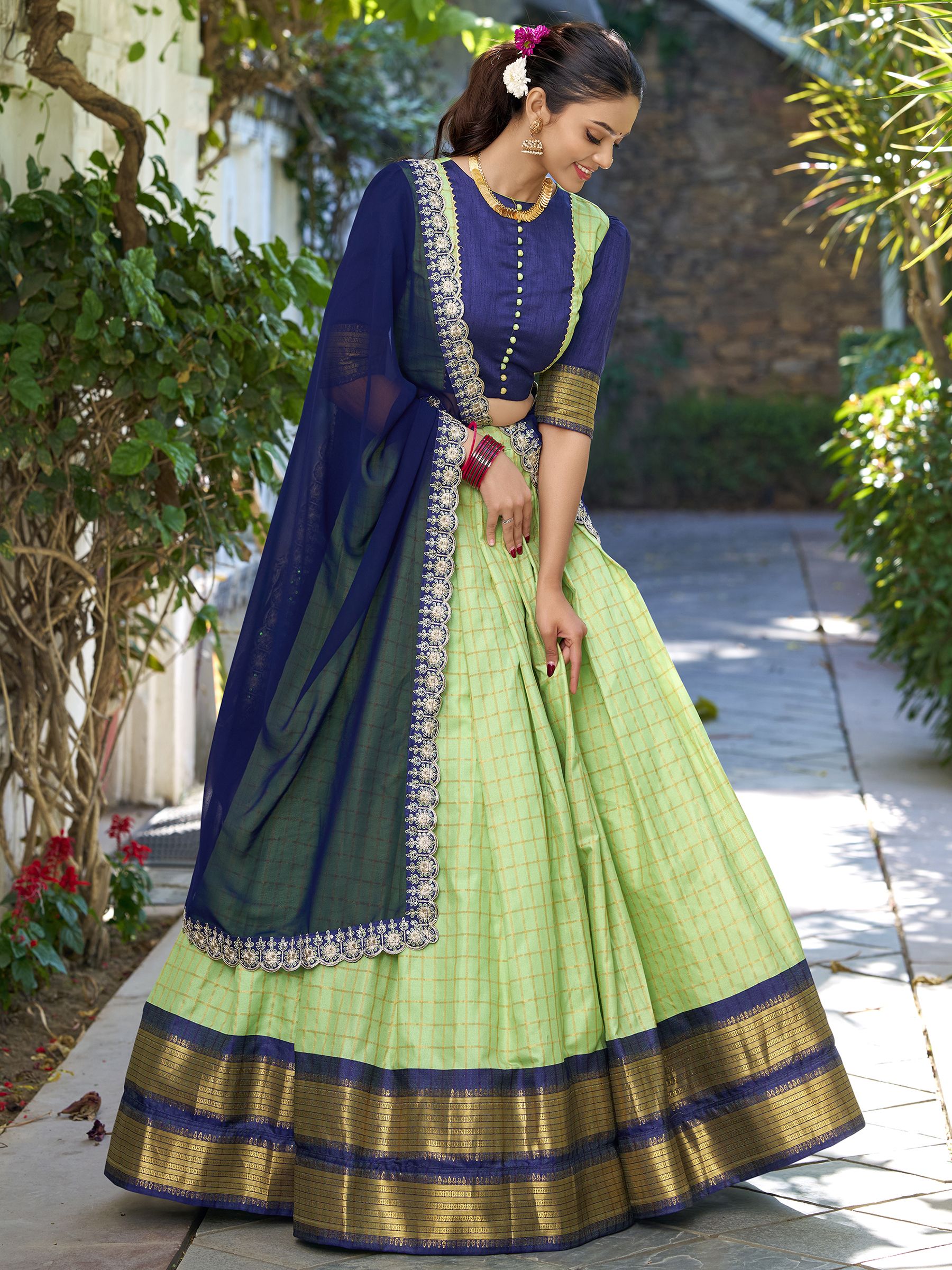 Pista Green Zari Chex Lehenga Choli with Georgette Sequins Dupatta