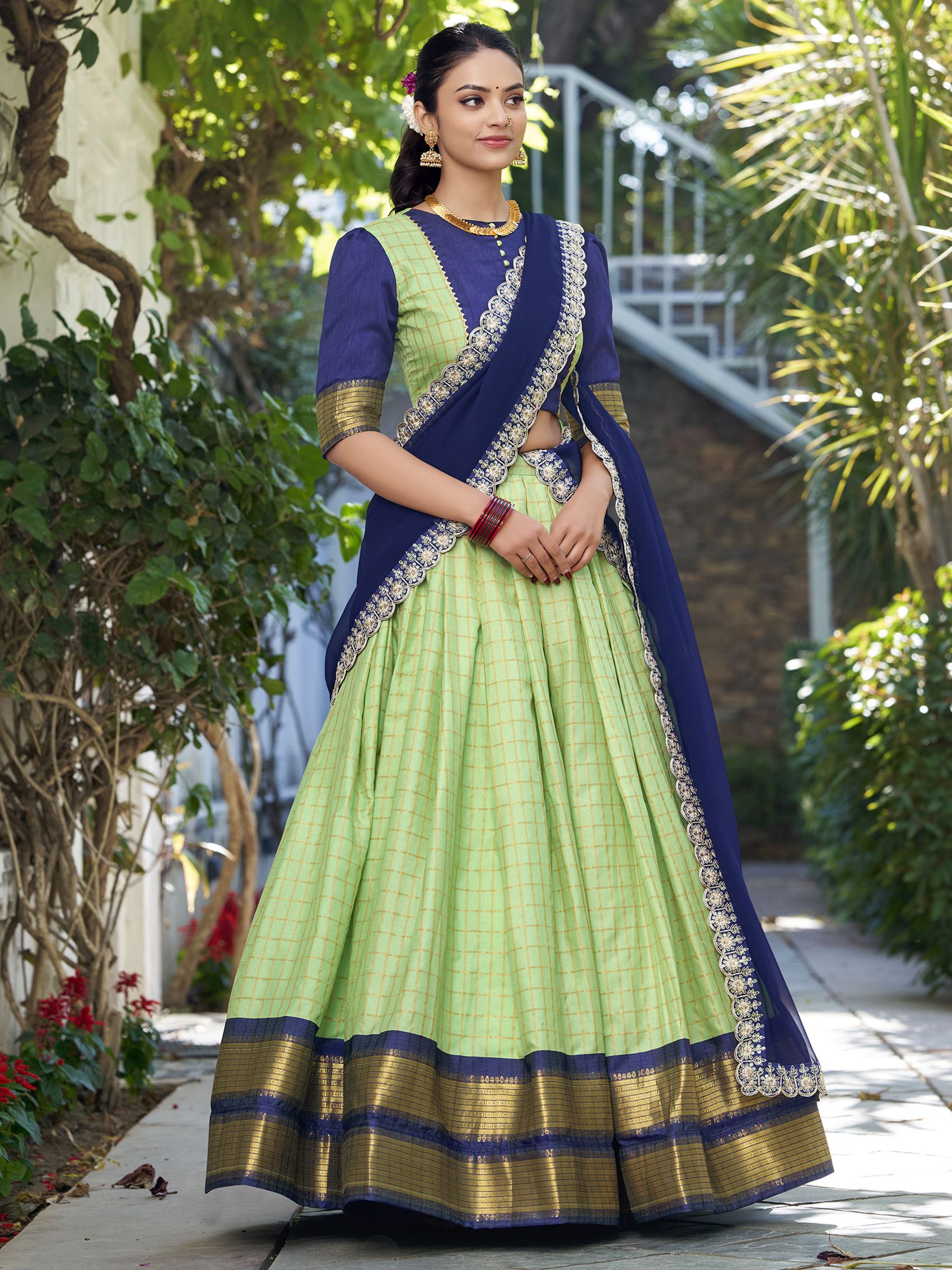 Pista Green Zari Chex Lehenga Choli with Georgette Sequins Dupatta
