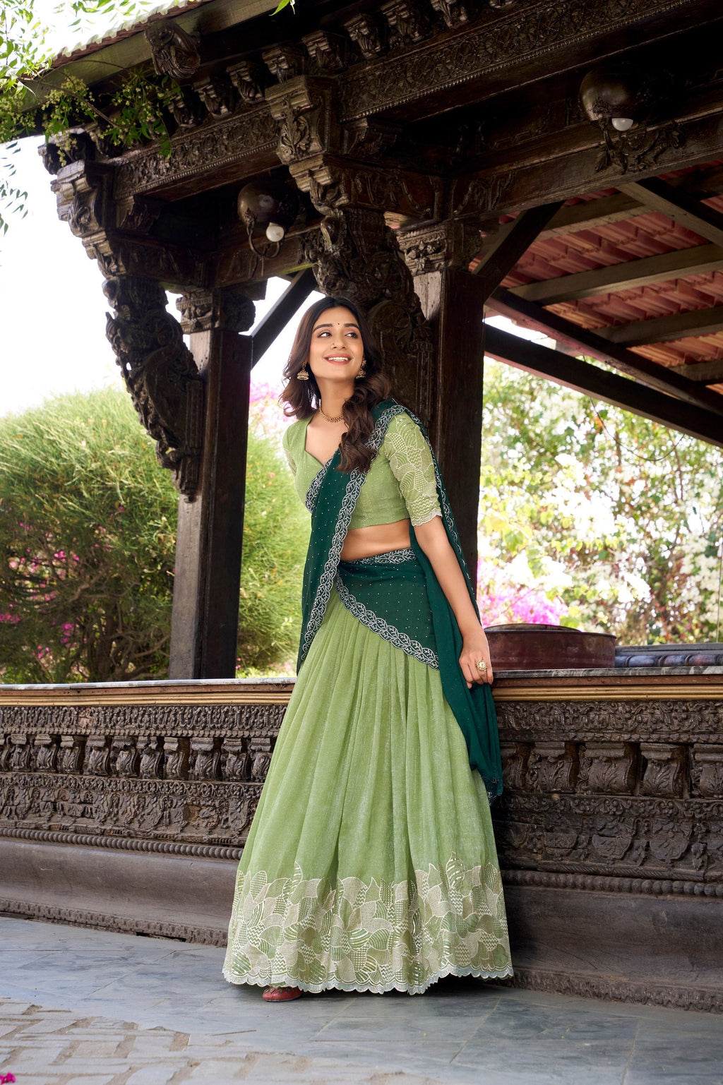 Pista Green Silver Glossy Embroidered with Hotfix Work Lehenga Choli
