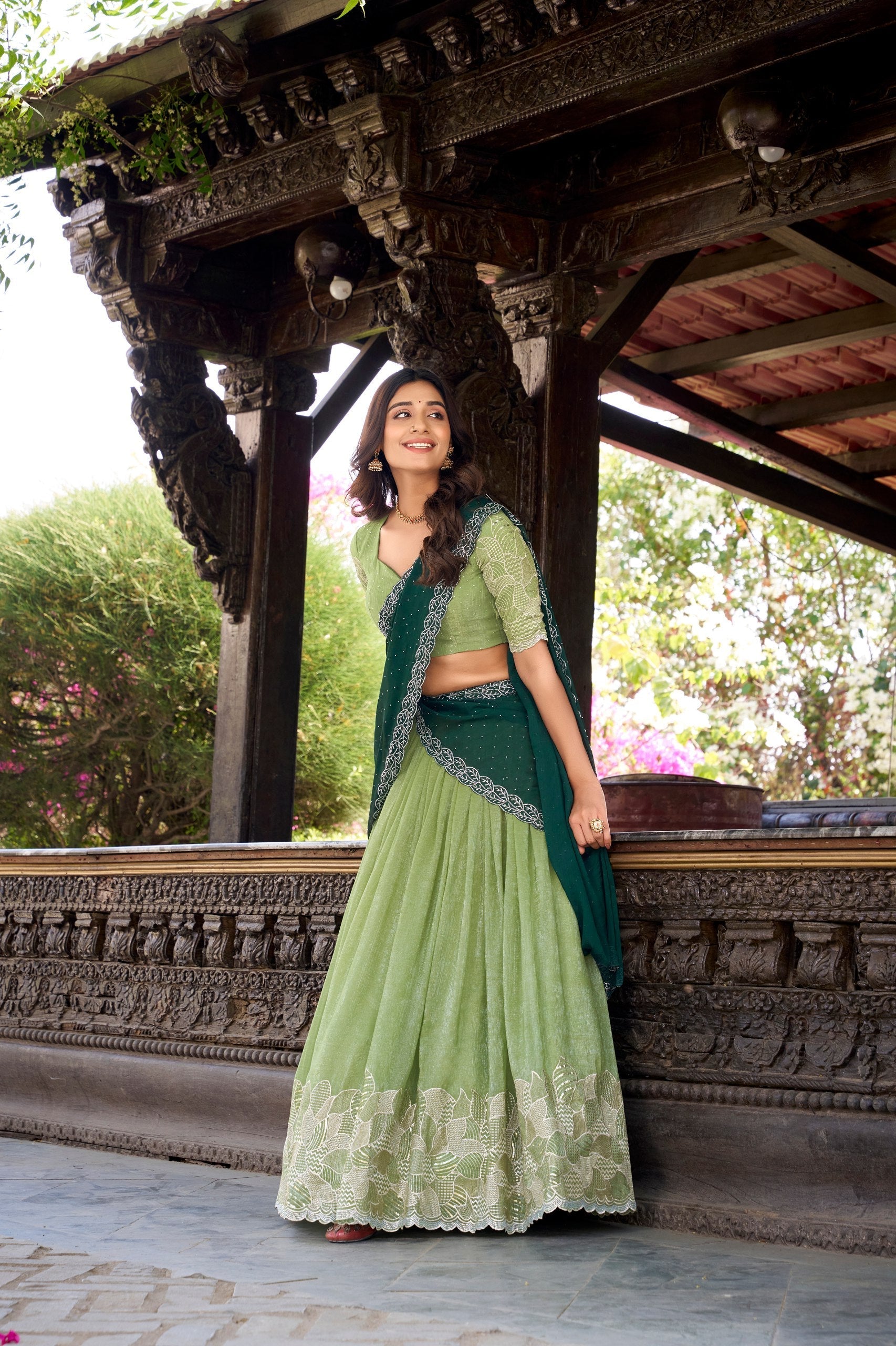 Pista Green Silver Glossy Embroidered with Hotfix Work Lehenga Choli
