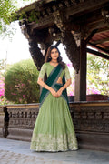 Pista Green Silver Glossy Embroidered with Hotfix Work Lehenga Choli
