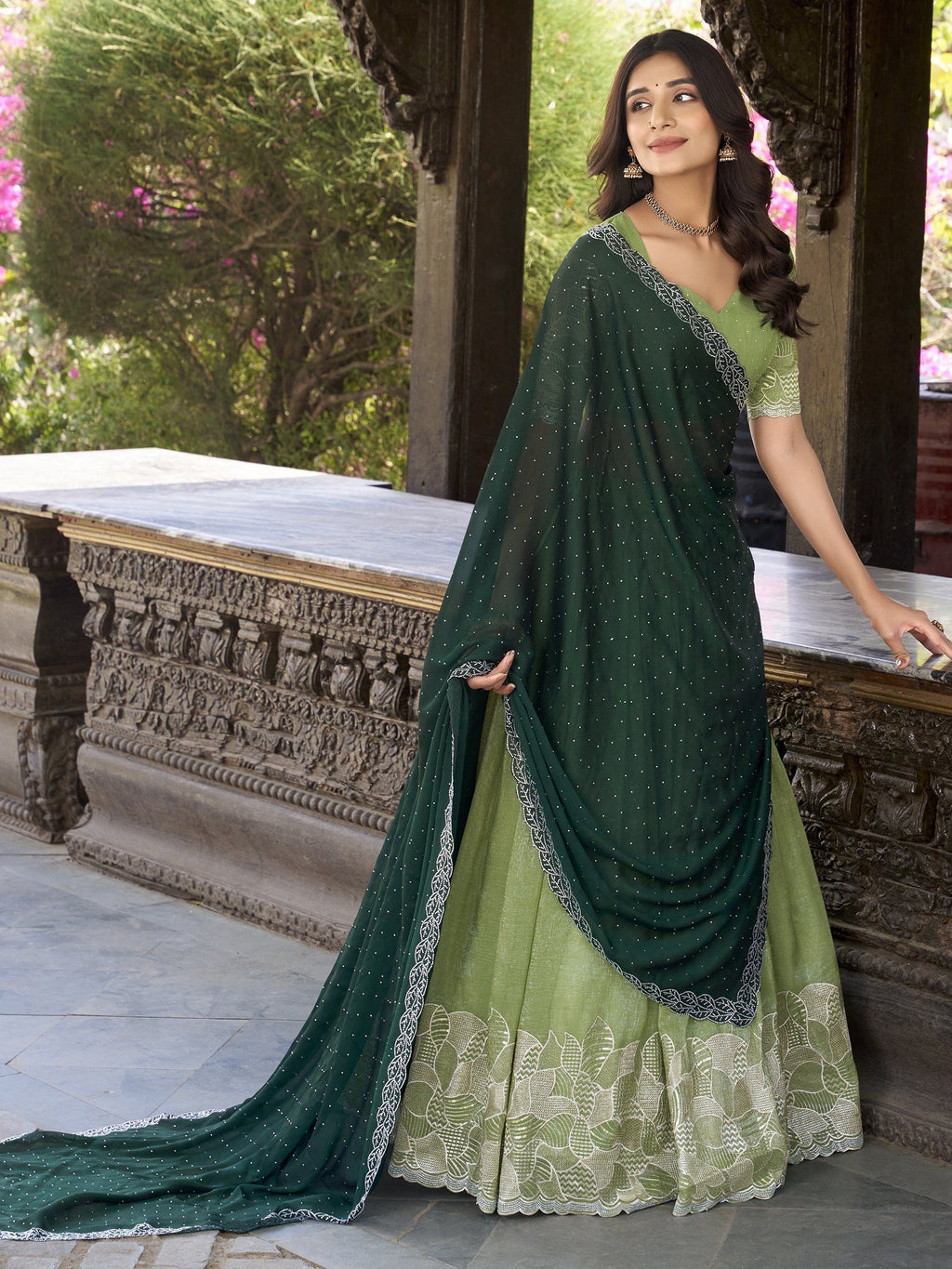 Pista Green Silver Glossy Embroidered with Hotfix Work Lehenga Choli