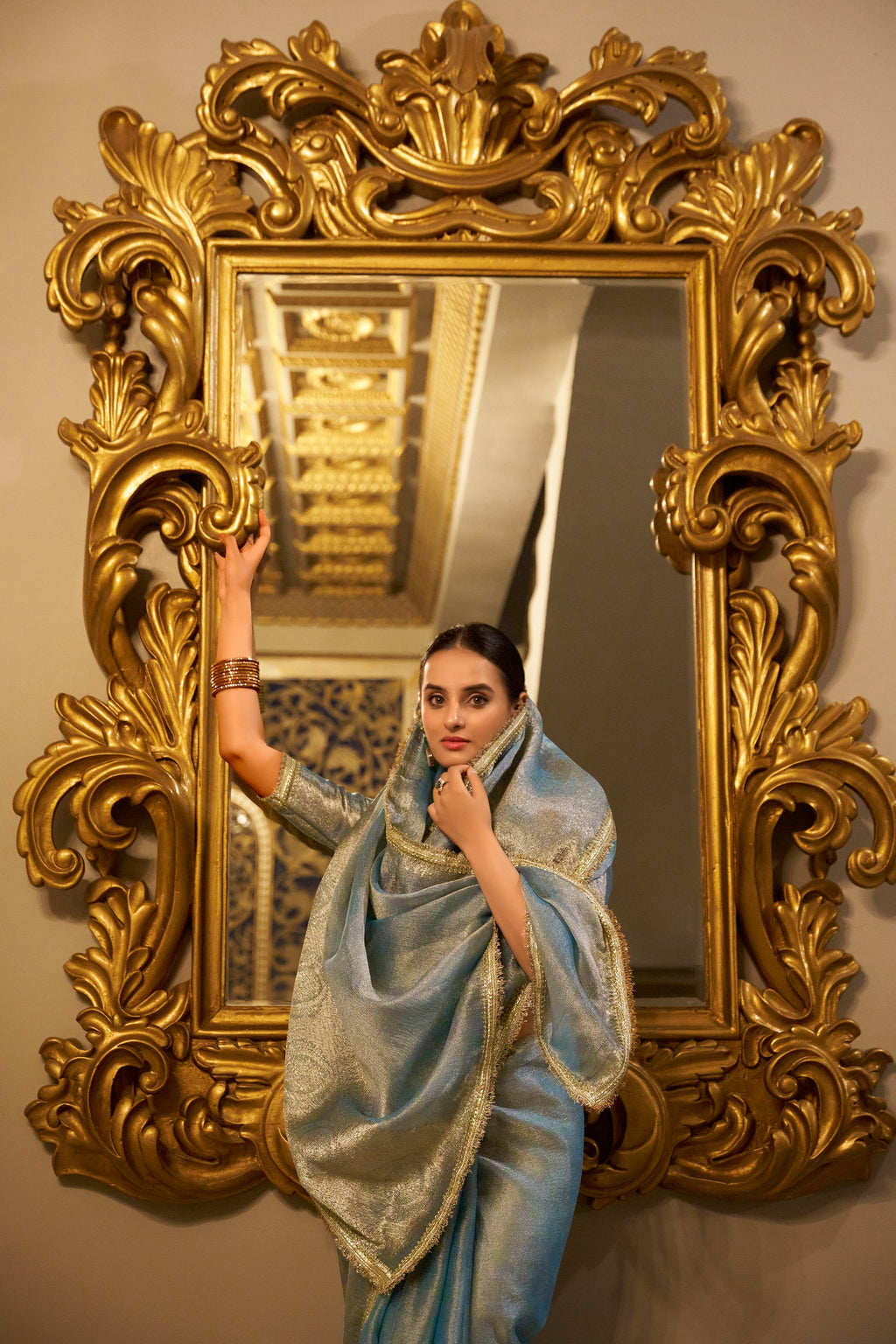 Poorvi Sky Blue Tissue Shimmer Zari Weaving Saree