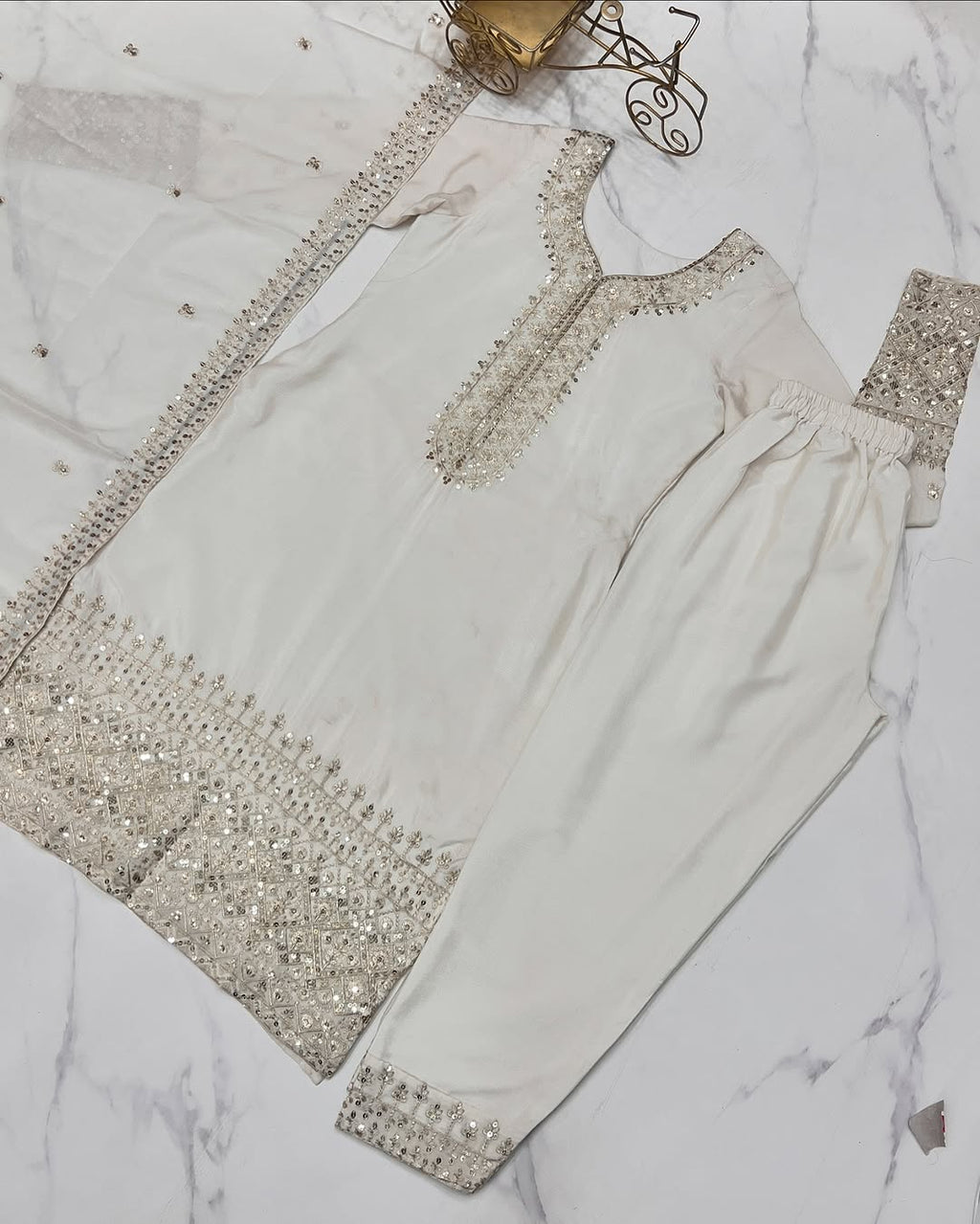 Pranavi White Pure Chinon Silk Kurta Suit Set With Dupatta