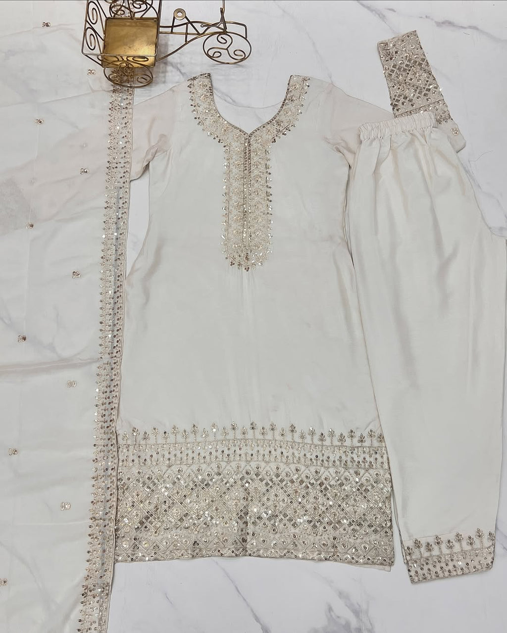 Pranavi White Pure Chinon Silk Kurta Suit Set With Dupatta