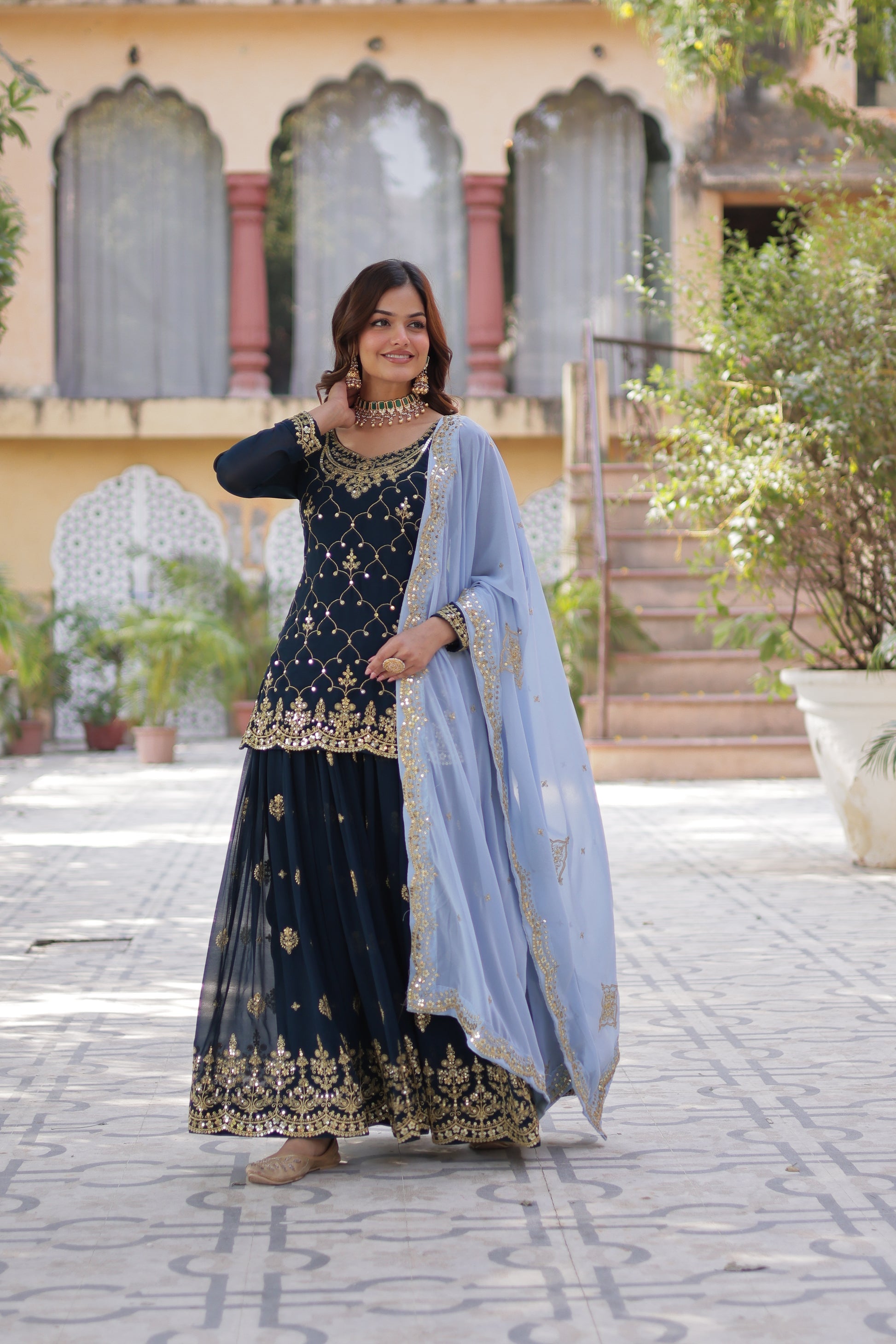 Pritha Blue Georgette Embroidered Kurti Plazzo Set