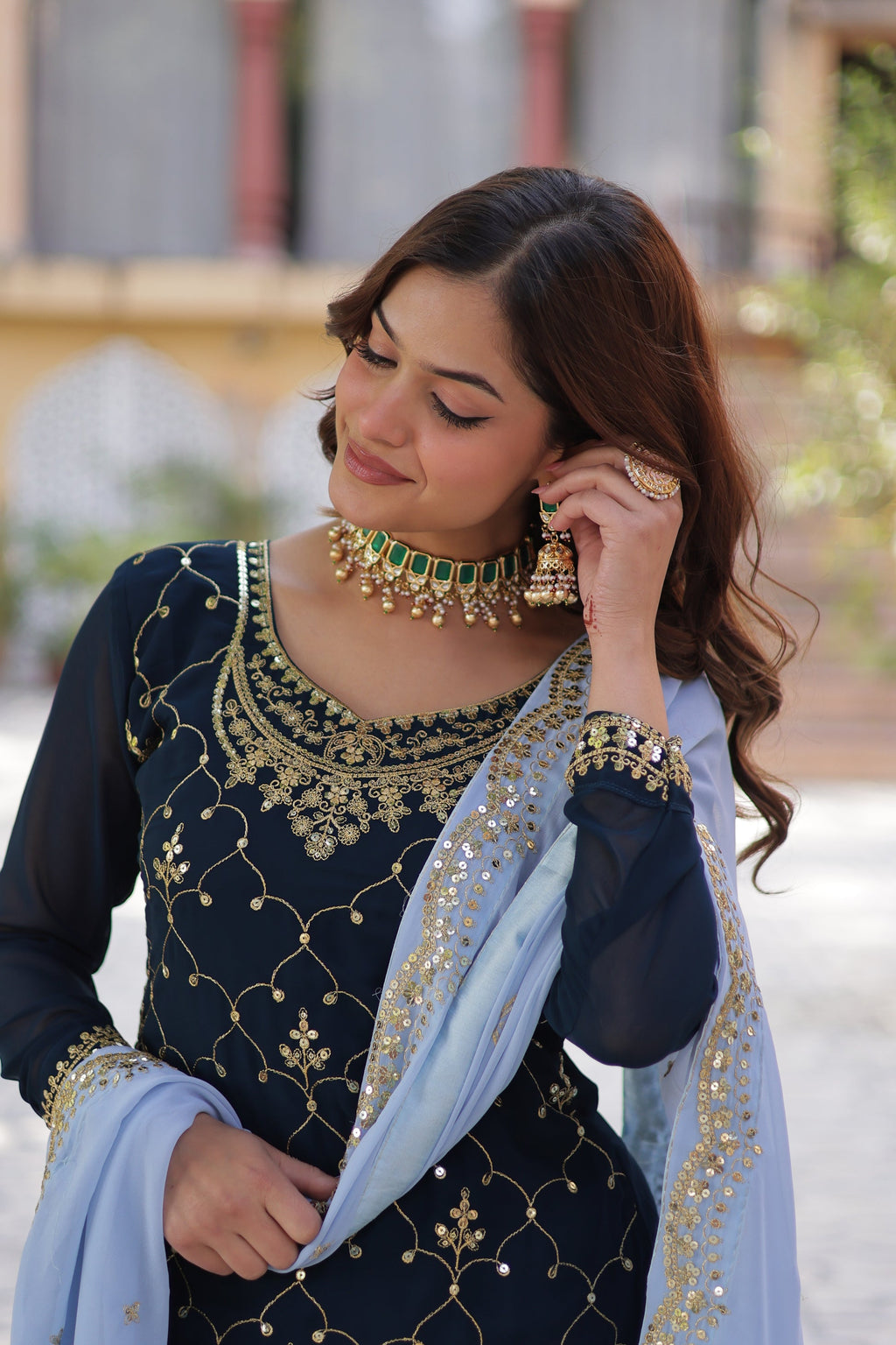 Pritha Blue Georgette Embroidered Kurti Plazzo Set