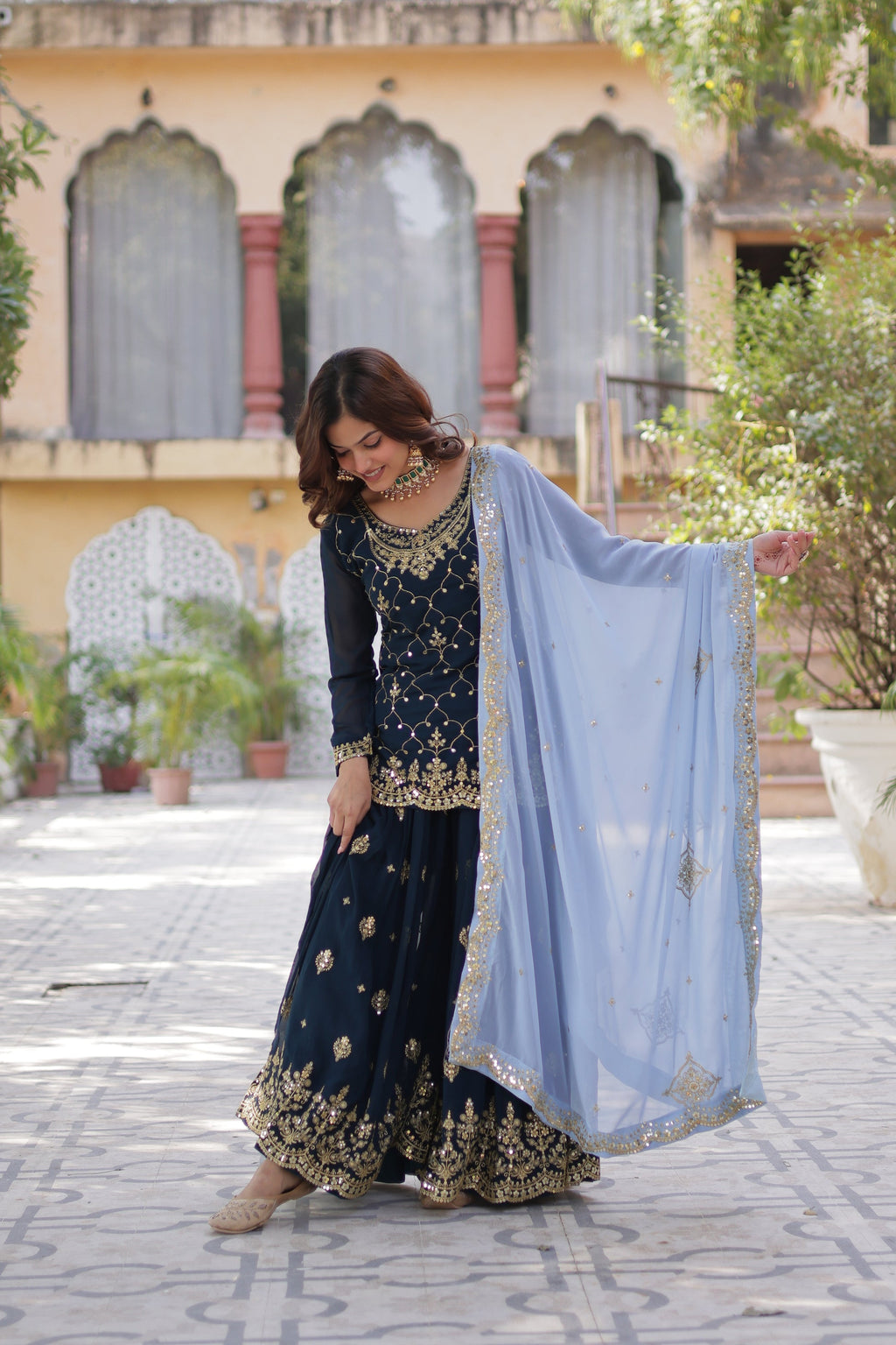 Pritha Blue Georgette Embroidered Kurti Plazzo Set