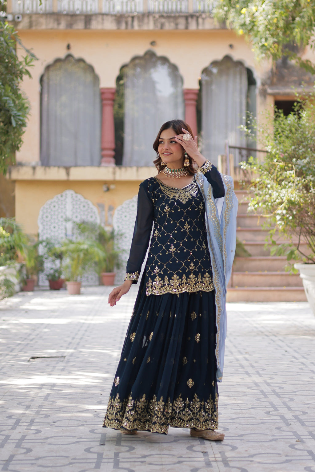 Pritha Blue Georgette Embroidered Kurti Plazzo Set