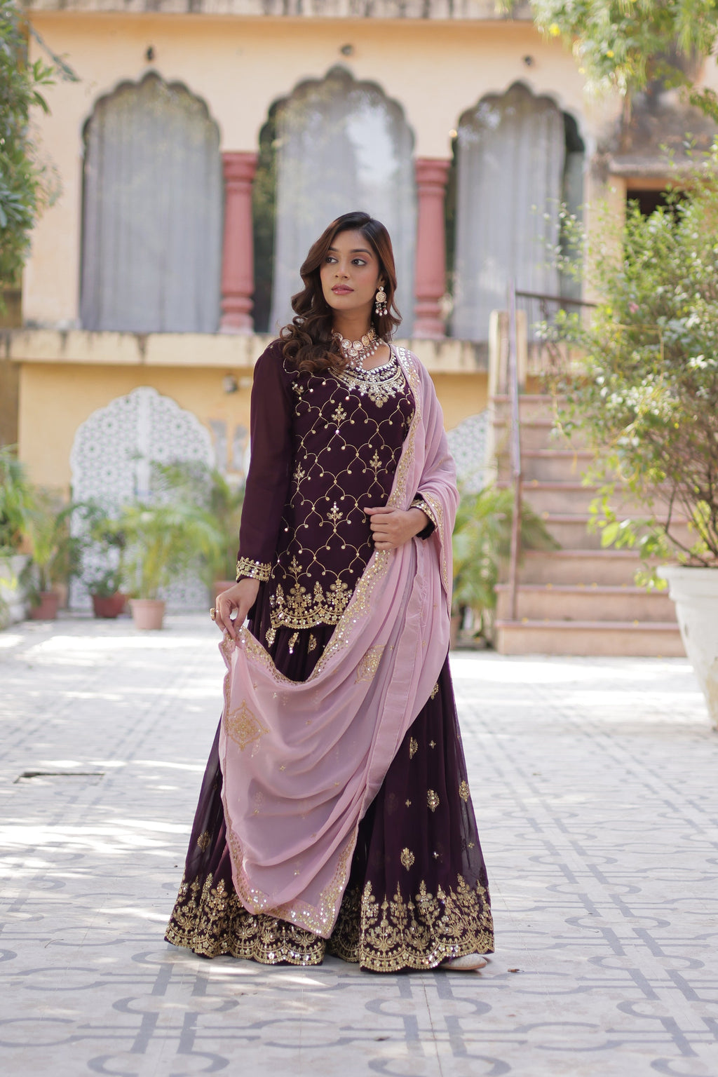 Pritha Wine Georgette Embroidered Kurti Plazzo Set