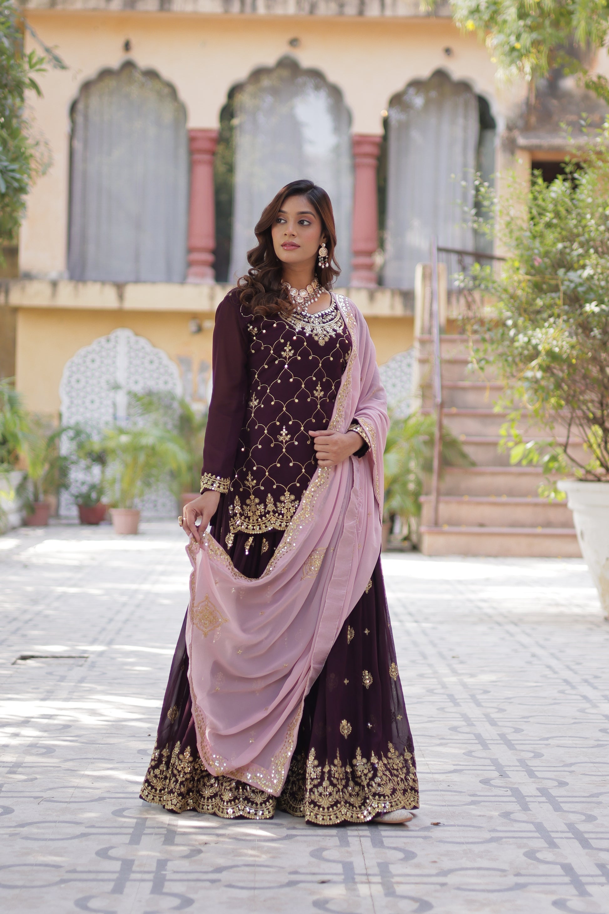 Pritha Wine Georgette Embroidered Kurti Plazzo Set