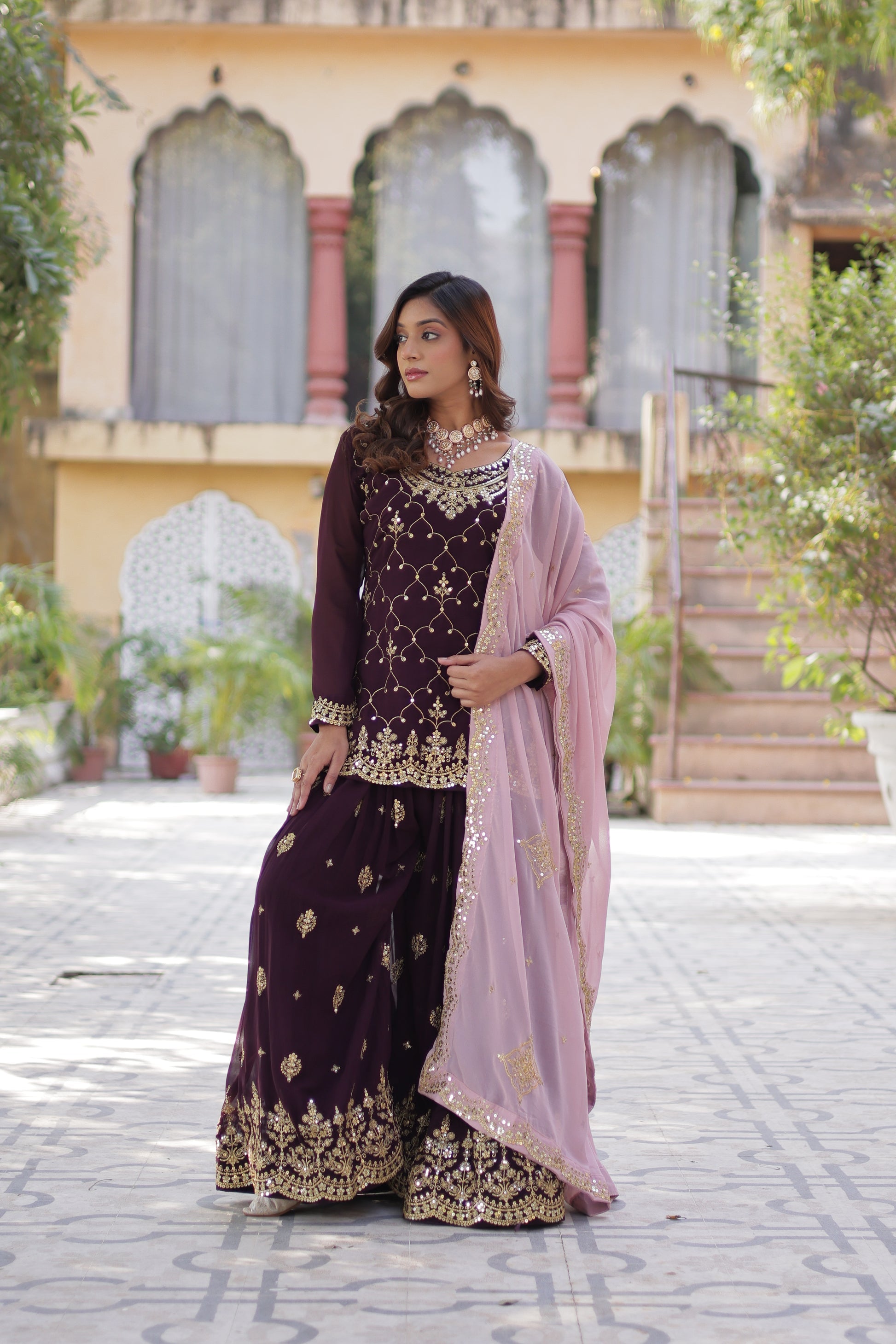 Pritha Wine Georgette Embroidered Kurti Plazzo Set