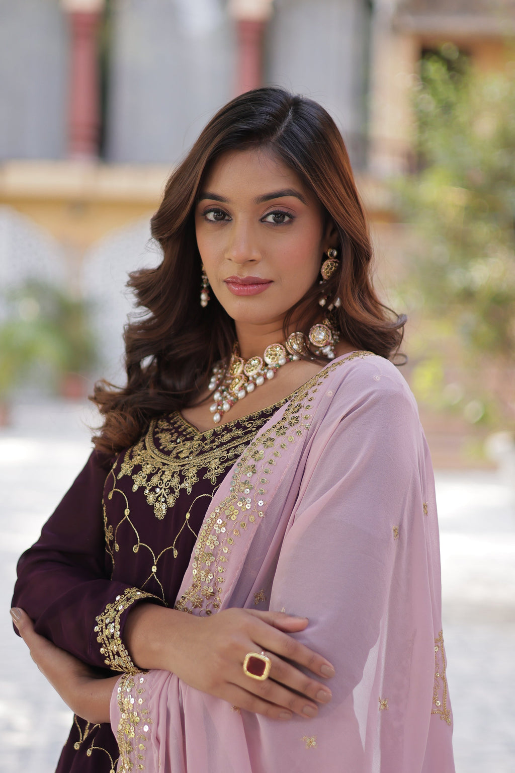 Pritha Wine Georgette Embroidered Kurti Plazzo Set