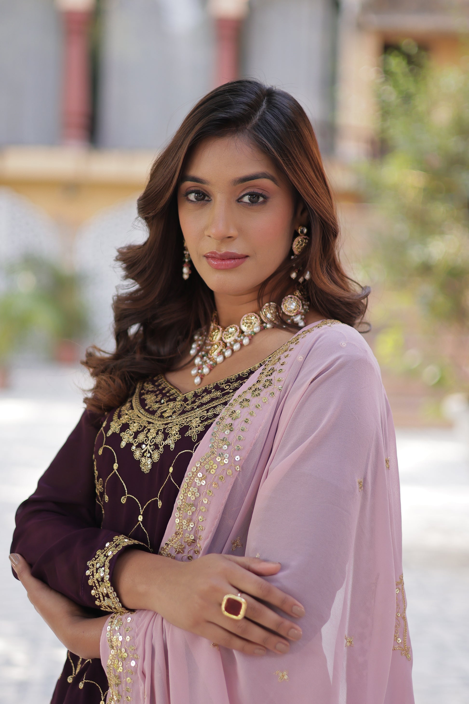 Pritha Wine Georgette Embroidered Kurti Plazzo Set