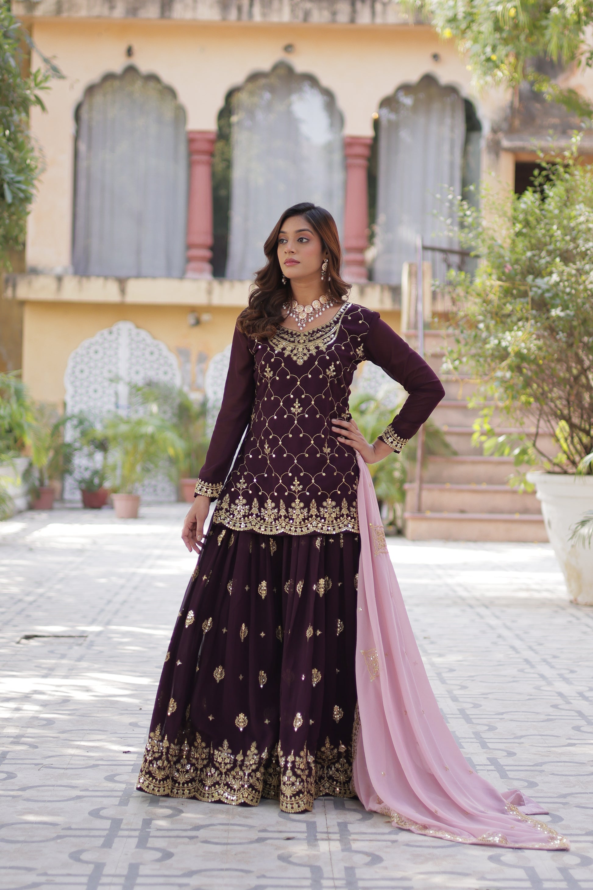 Pritha Wine Georgette Embroidered Kurti Plazzo Set