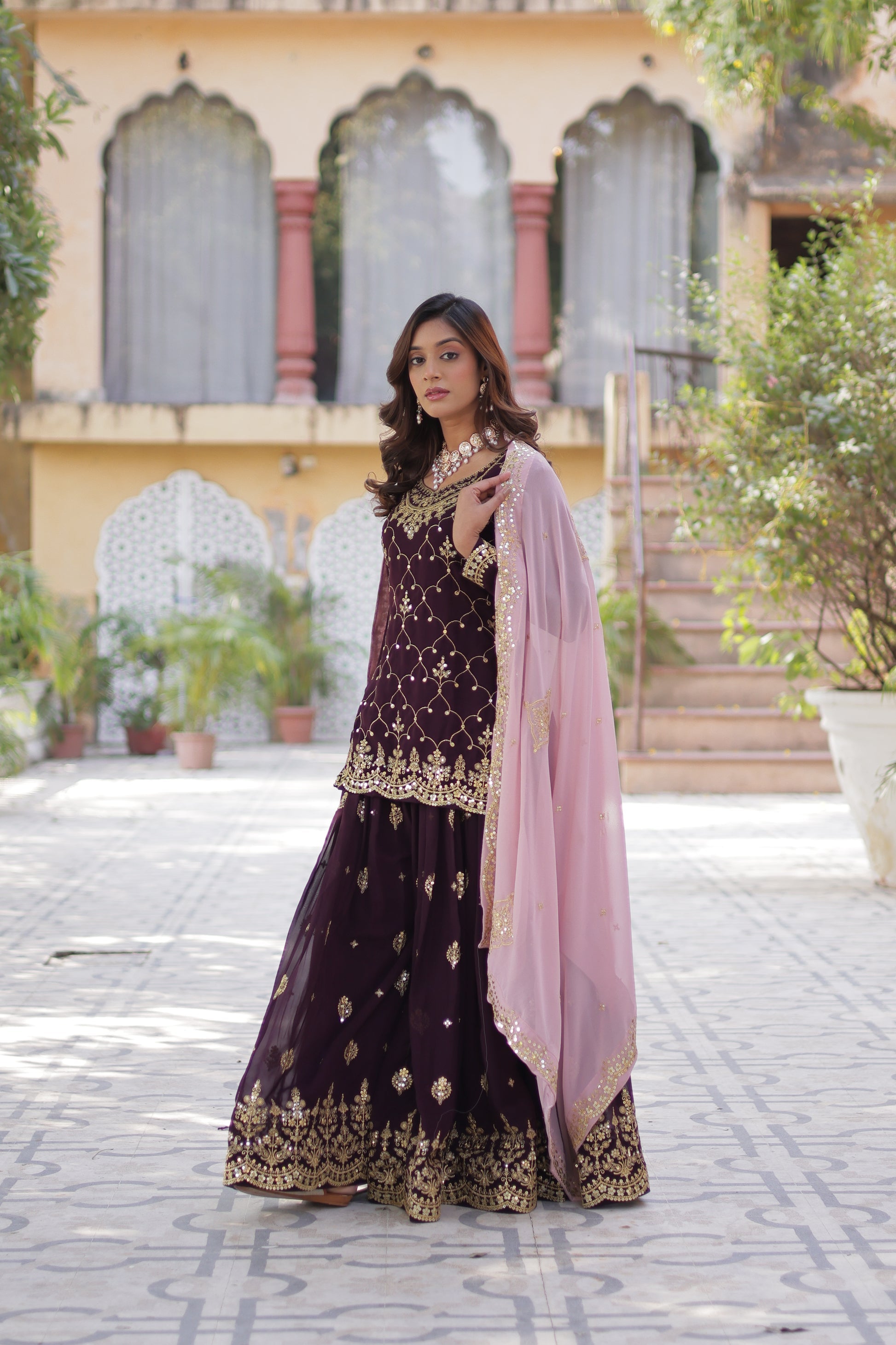 Pritha Wine Georgette Embroidered Kurti Plazzo Set